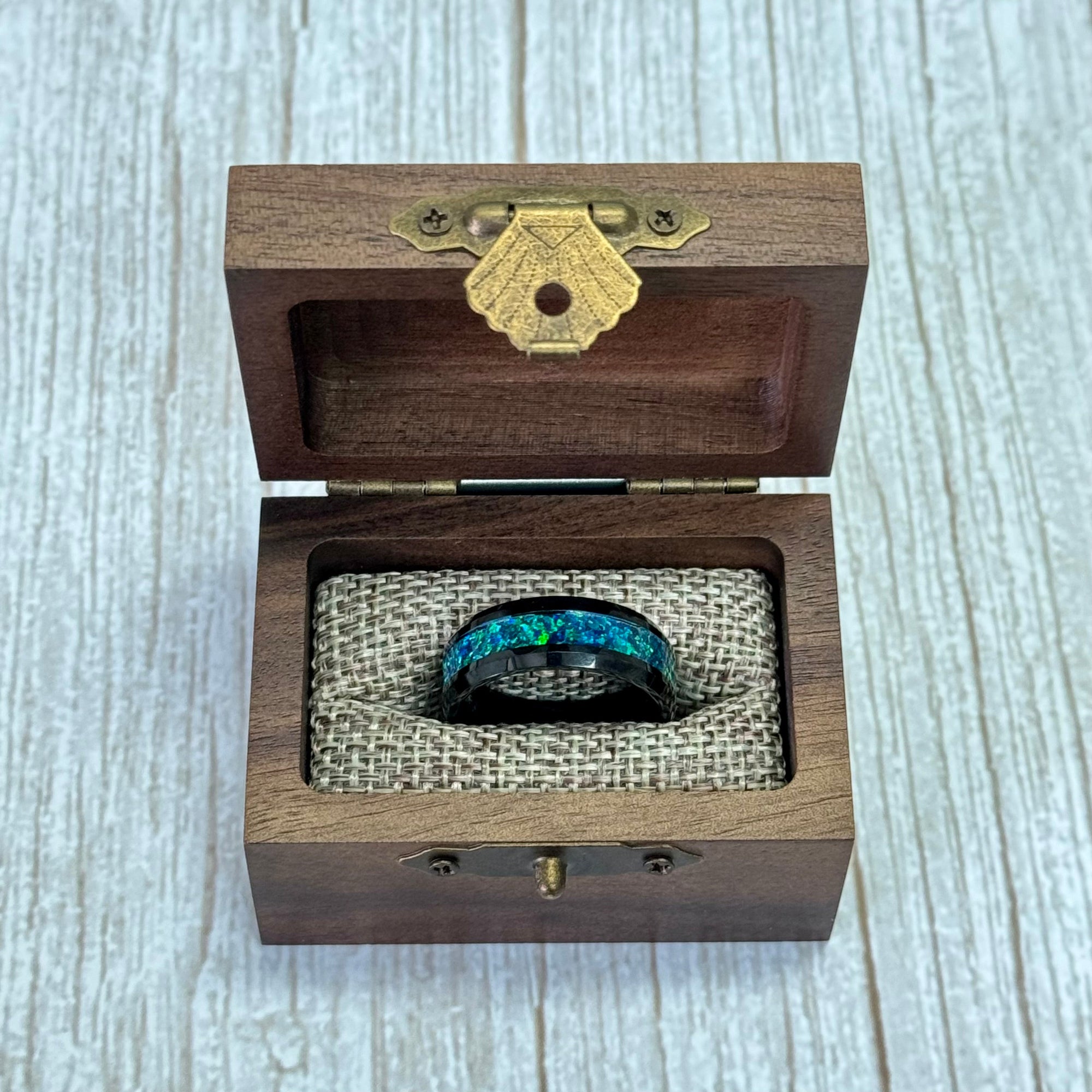 “IRIDESCENCE” Tungsten Carbide Black Ring 8mm w/ Blue-Green Opal
