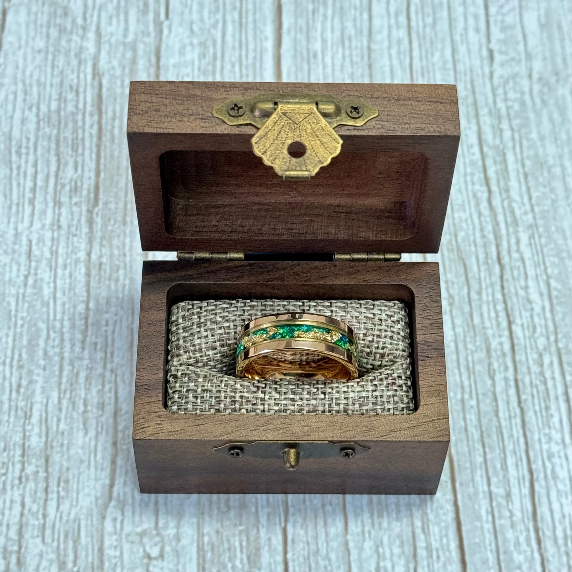 “Binary" Tungsten Carbide Rose Gold Ring 8mm w/ Green Opal and Gold Leaf