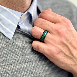 “IRIDESCENCE” Tungsten Carbide Black Ring 8mm w/ Blue-Green Opal