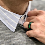 “CELESTIAL” Tungsten Carbide Black Ring 8mm w/ Meteorite and Crushed Green Opal