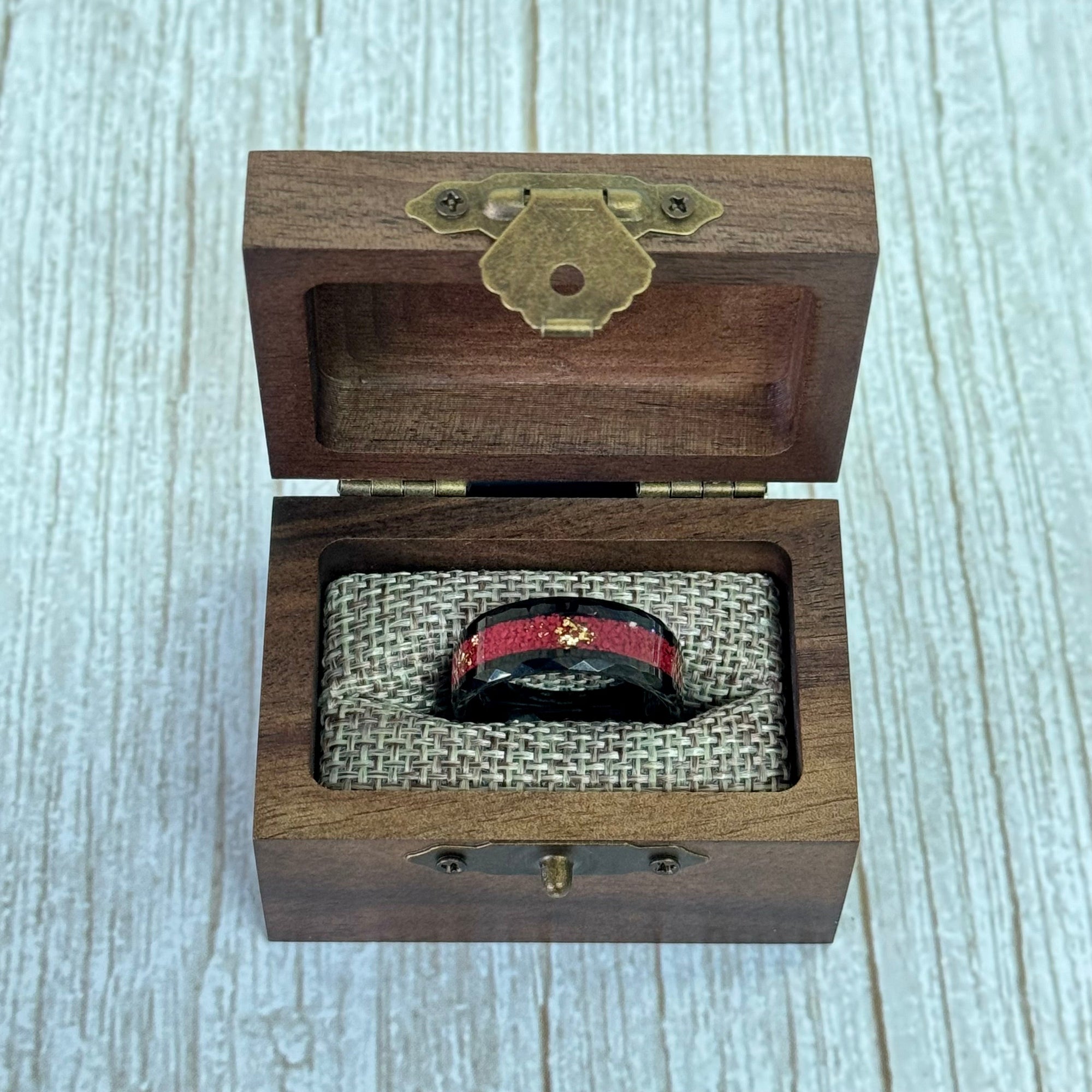 “EMPEROR” Tungsten Carbide Black Ring 8mm w/ Crushed Rubies and Gold Leaf