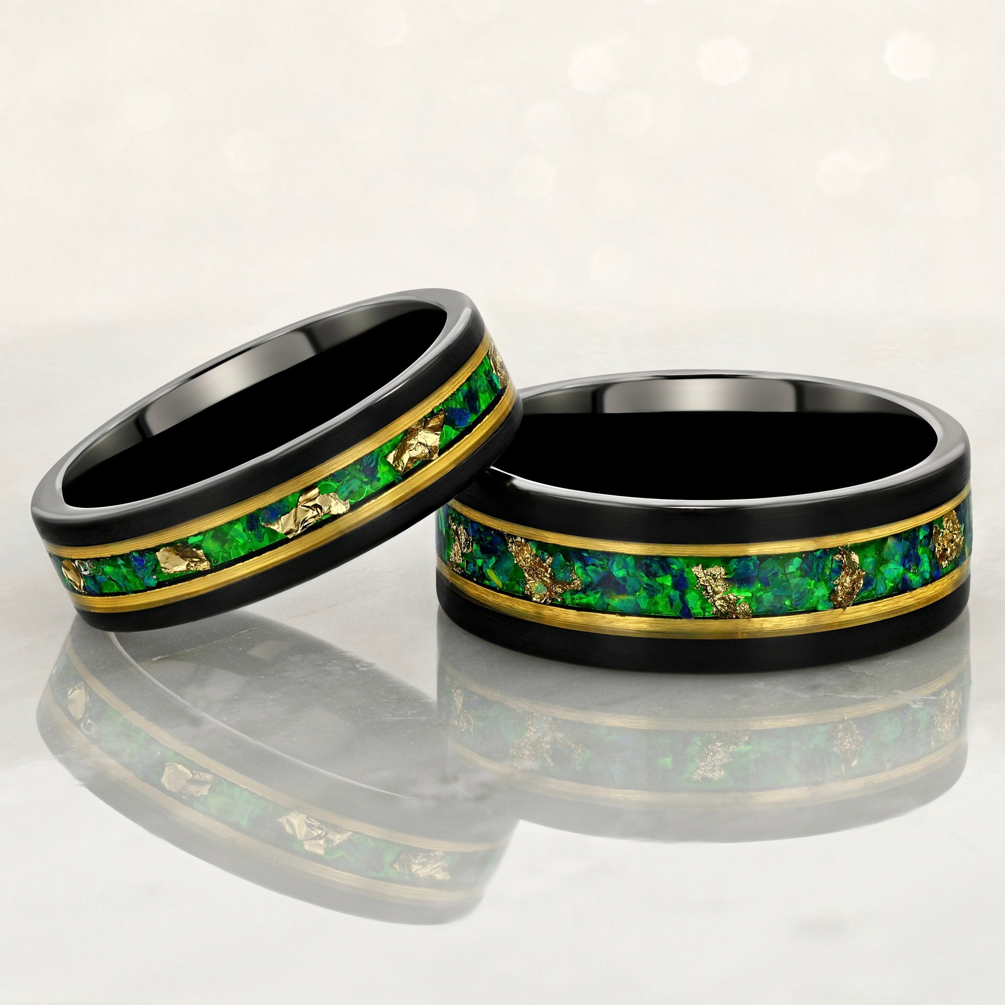 (Couples) “Binary"  Tungsten Carbide Black Ring 8mm, 6mm w/ Green Opal, Gold Accents and Gold Leaf