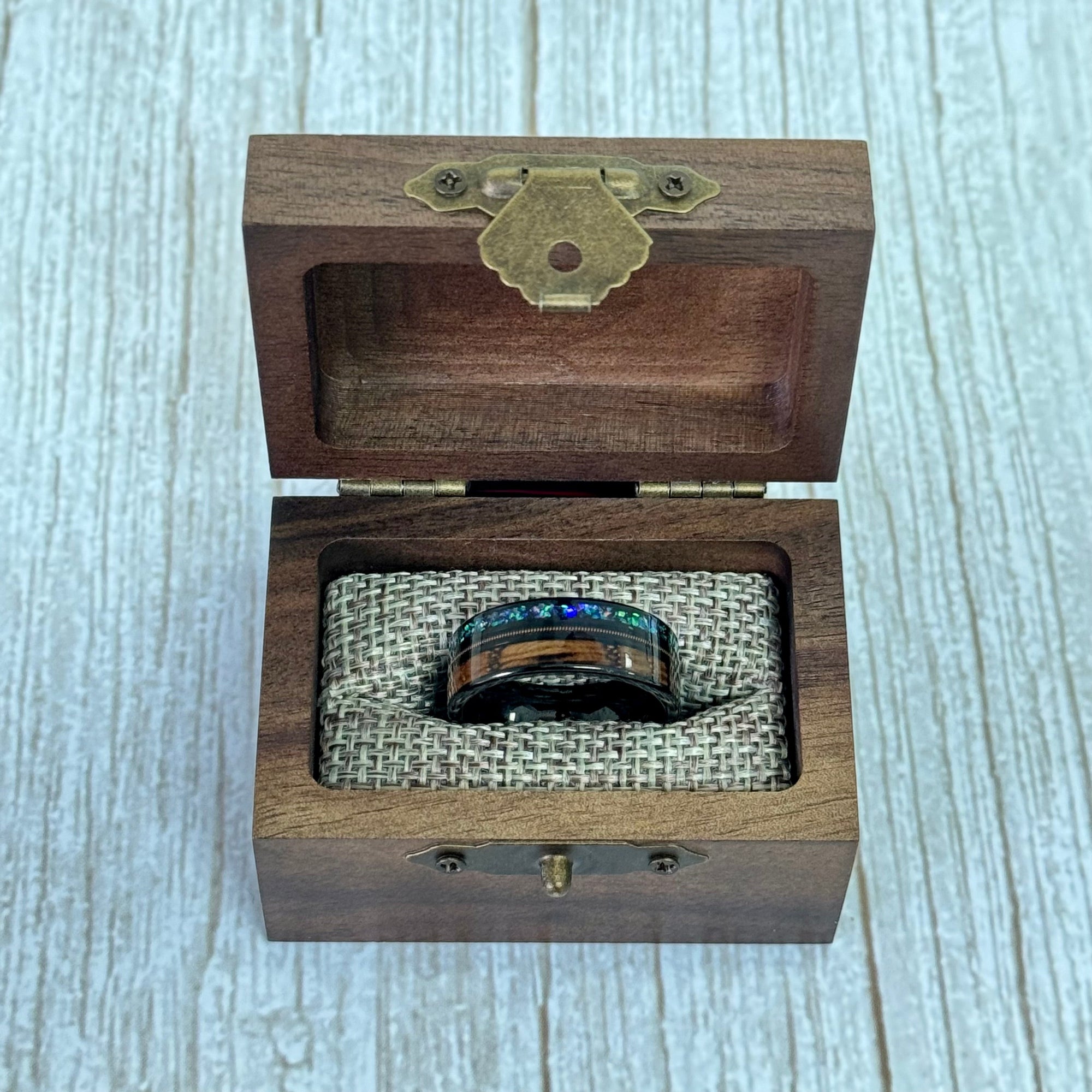 "SYNTHESIS" Tungsten Carbide Black Ring 8mm w/ Whiskey Barrel, Opal and Guitar String