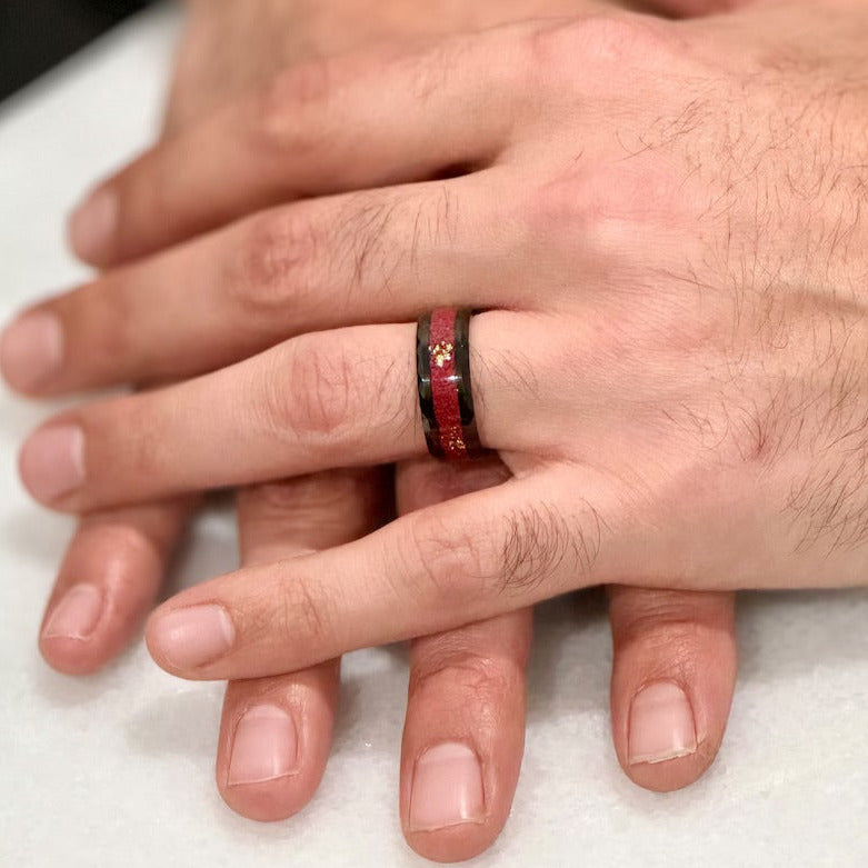 “EMPEROR” Tungsten Carbide Black Ring 8mm w/ Crushed Rubies and Gold Leaf