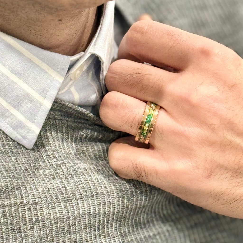 “Binary" Tungsten Carbide Rose Gold Ring 8mm w/ Green Opal and Gold Leaf