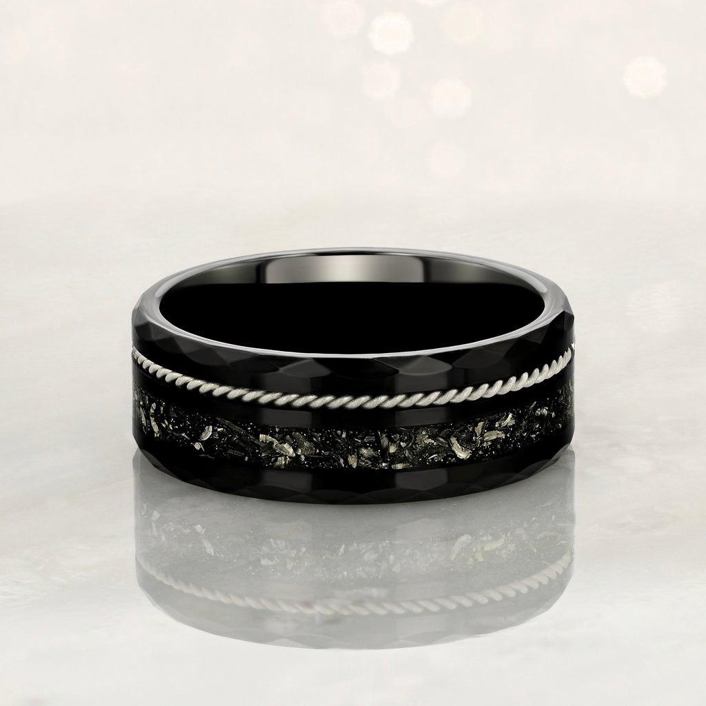 "TETHER" Tungsten Carbide Black Ring 8mm w/ Crushed Meteorite and Silver Rope