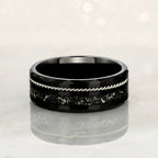 "TETHER" Tungsten Carbide Black Ring 8mm w/ Crushed Meteorite and Silver Rope