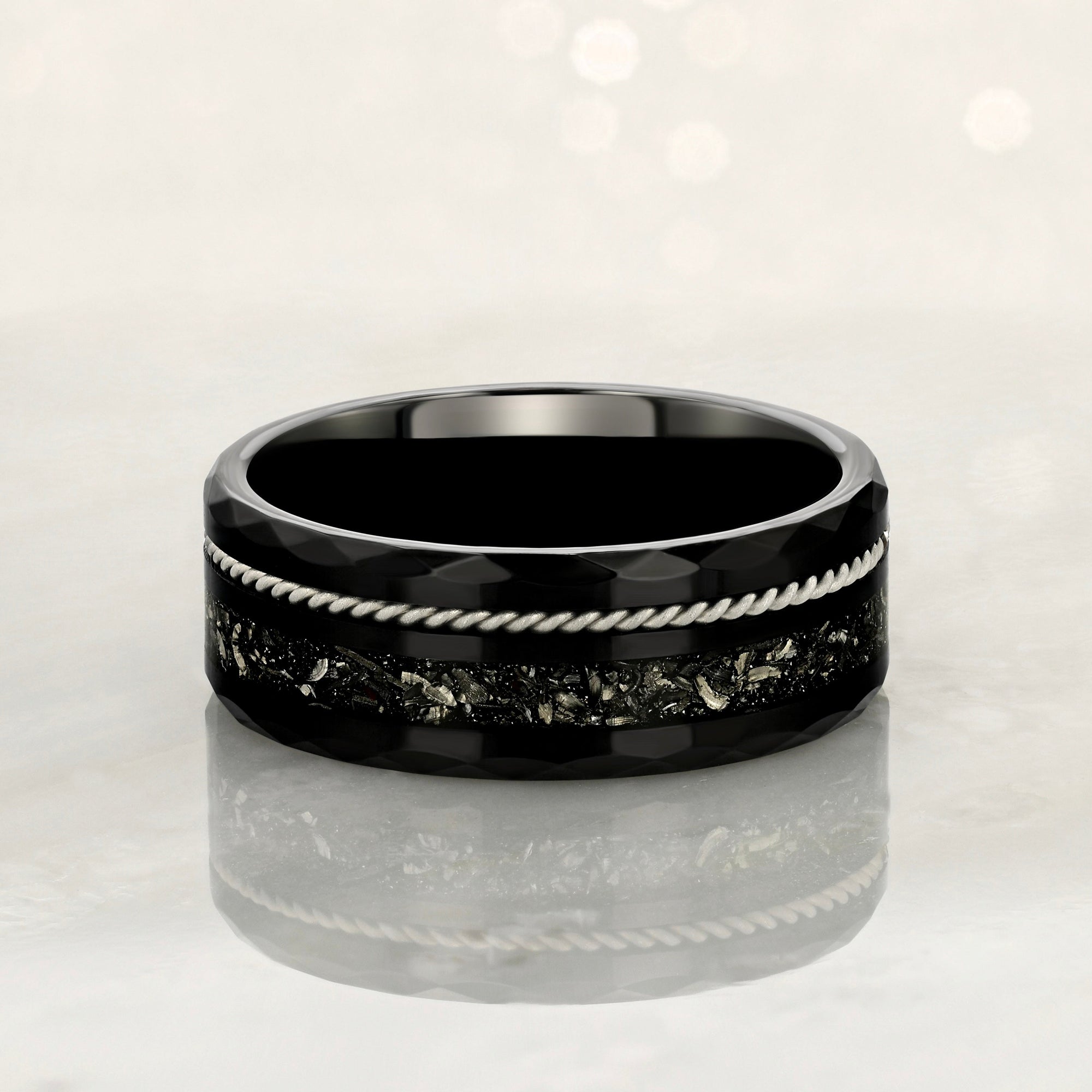 "TETHER" Tungsten Carbide Black Ring 8mm w/ Crushed Meteorite and Silver Rope