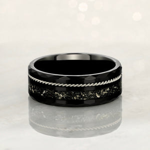 "TETHER" Tungsten Carbide Black Ring 8mm w/ Crushed Meteorite and Silver Rope