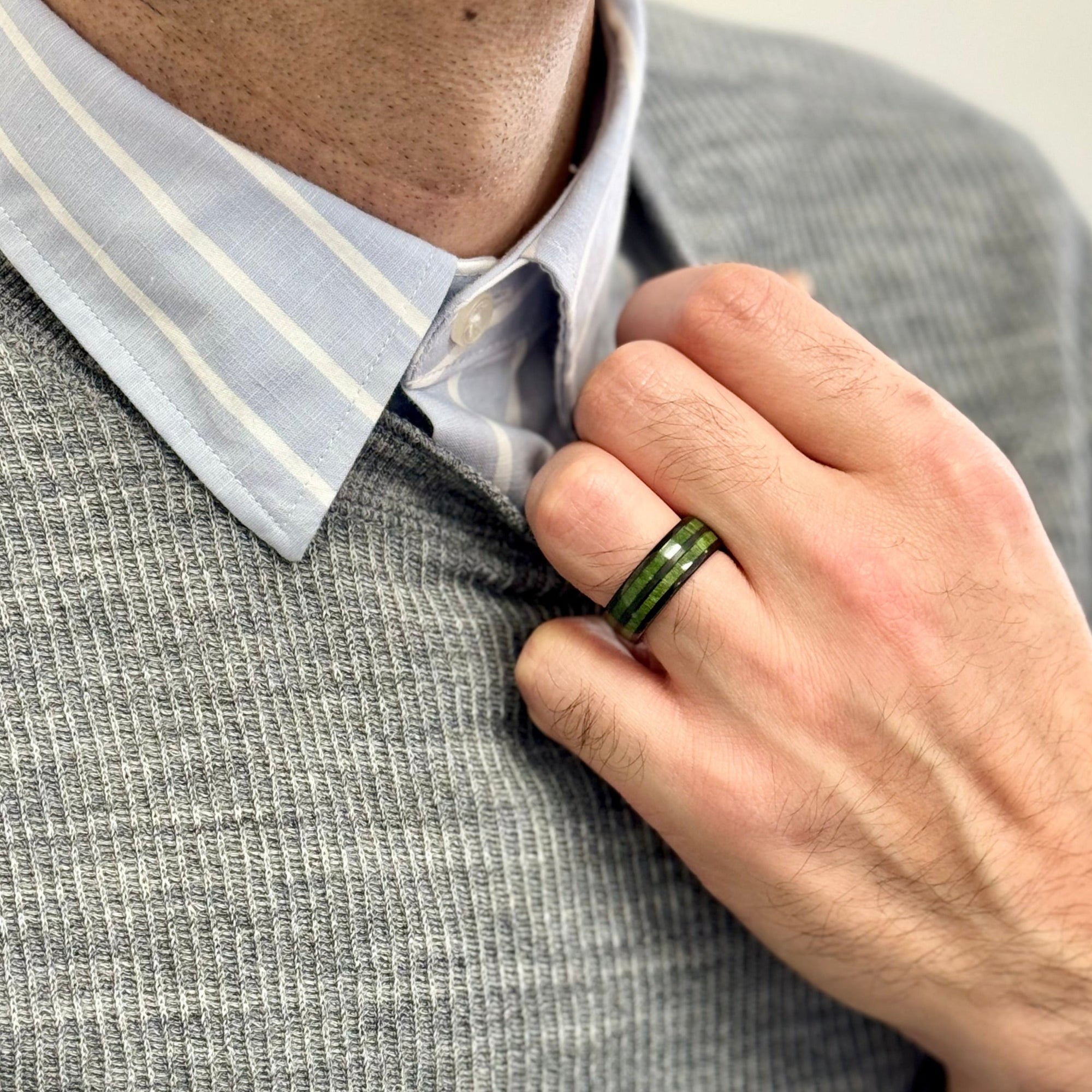 "TIMBER" Tungsten Carbide Black Ring 8mm w/ Green Dyed Koa Wood