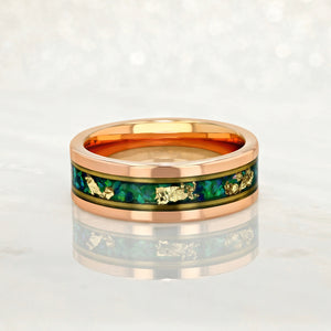 “Binary" Tungsten Carbide Rose Gold Ring 8mm w/ Green Opal and Gold Leaf