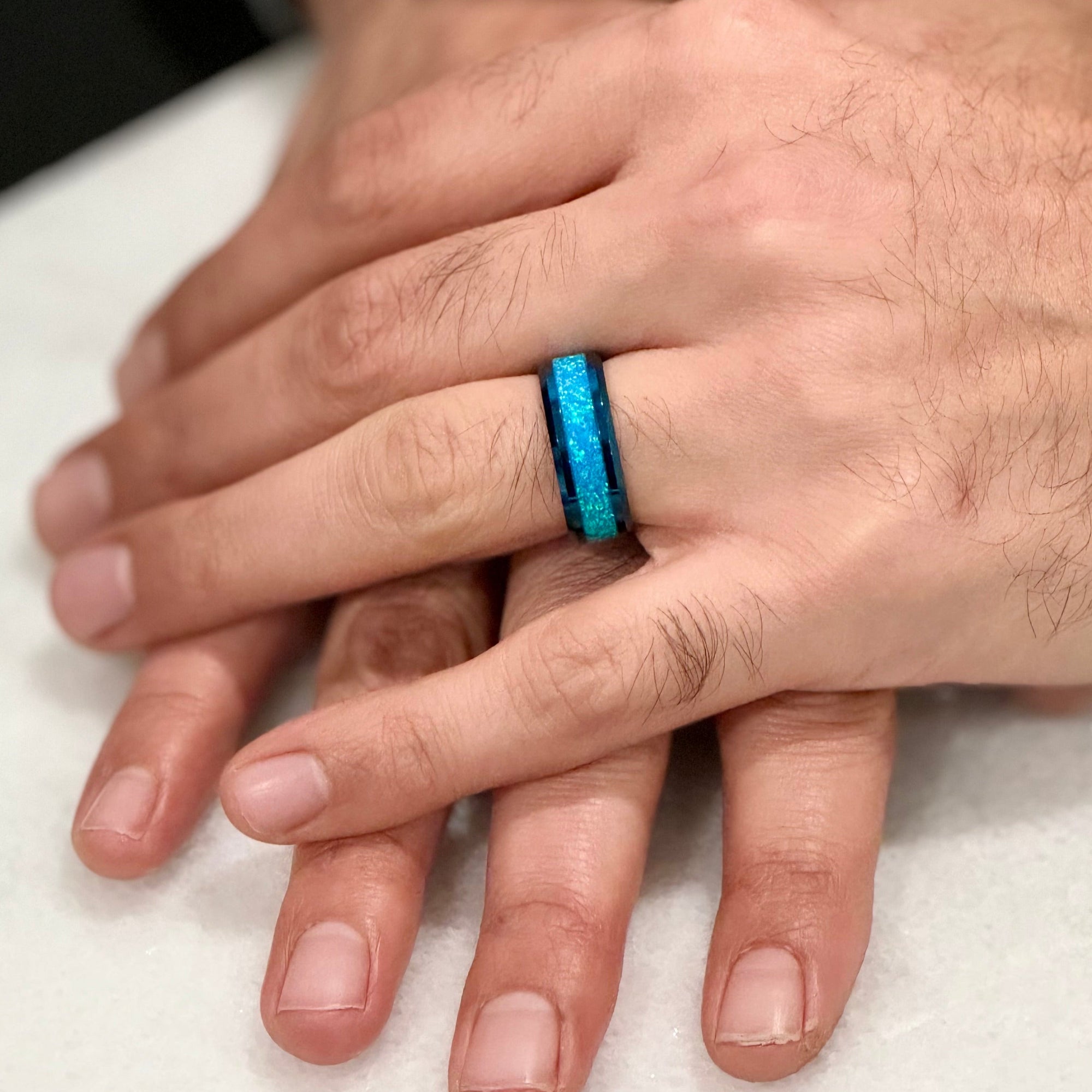“IRIDESCENCE” Tungsten Carbide Blue Ring 8mm w/ Blue Opal