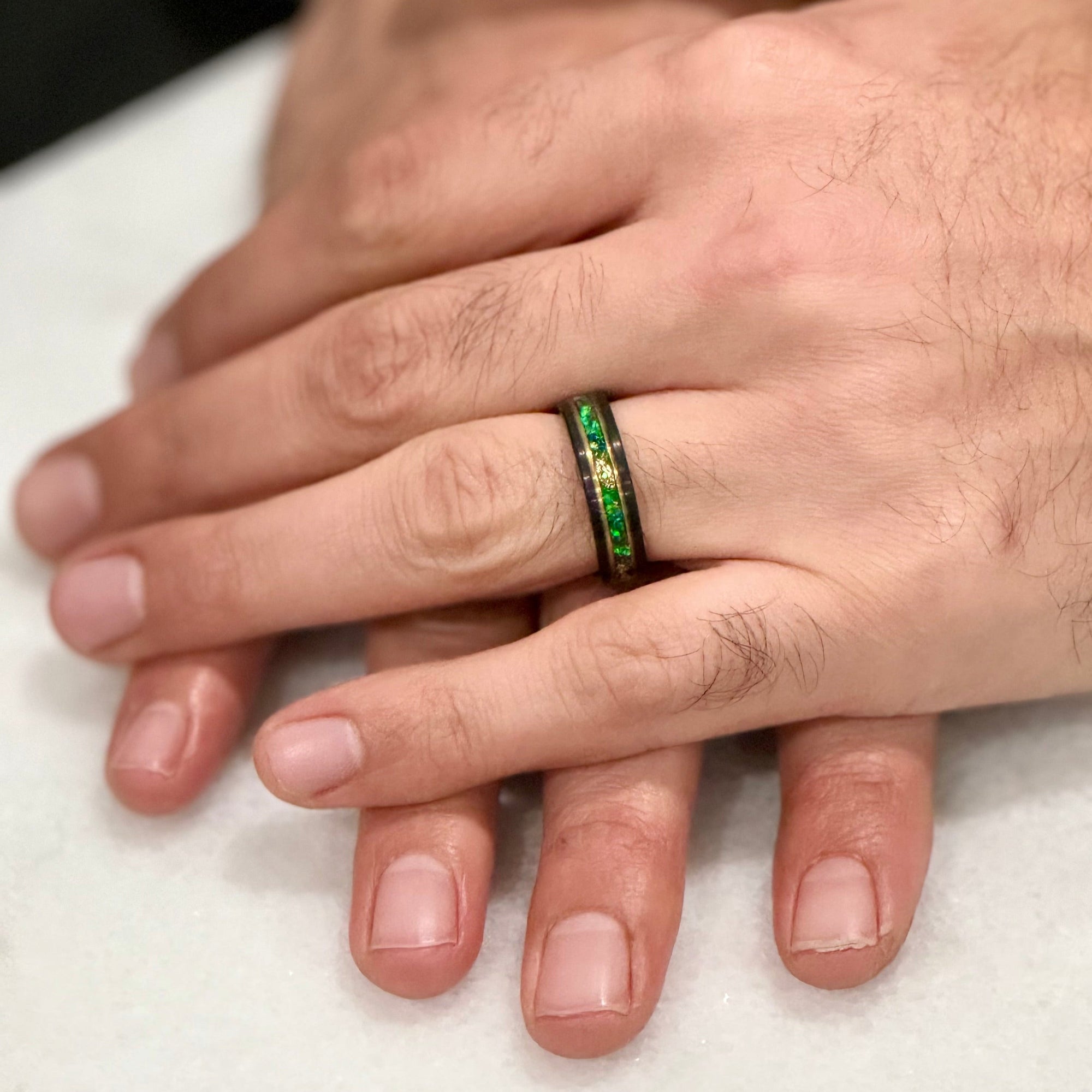 “Binary" Tungsten Carbide Black Ring 6mm, 8mm w/ Green Opal, Gold Accents and Gold Leaf