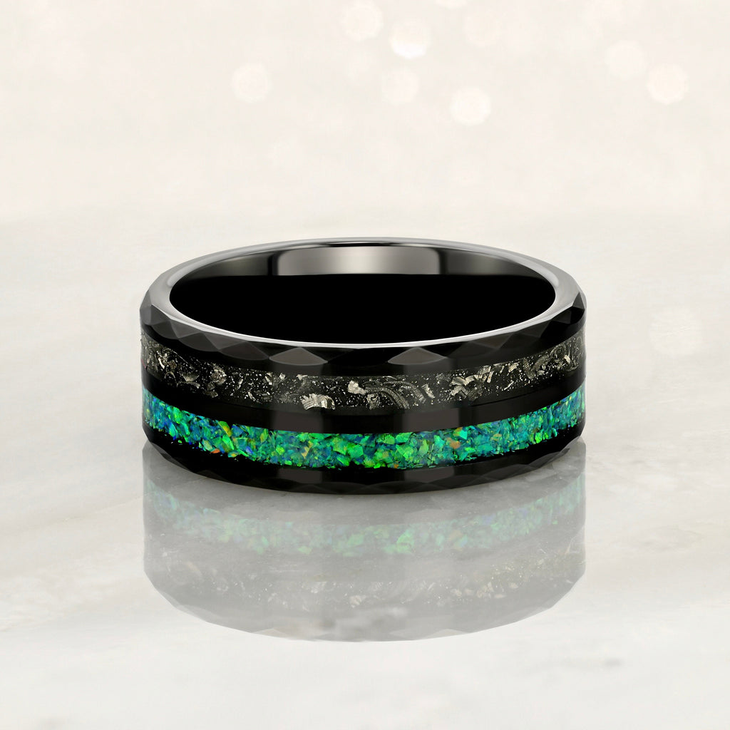 “CELESTIAL” Tungsten Carbide Black Ring 8mm w/ Meteorite and Crushed Green Opal