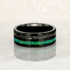 “CELESTIAL” Tungsten Carbide Black Ring 8mm w/ Meteorite and Crushed Green Opal
