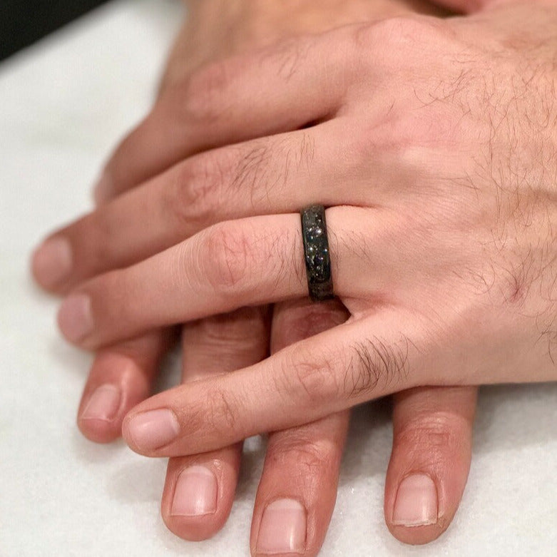 “MOONDUST” Tungsten Carbide Black Ring 6mm w/ Subtle Blue Moonstone and Meteorite Specs