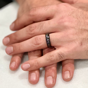 (Couples) "STARDUST"  Tungsten Carbide Black Ring 8mm, 6mm, 4mm w/ Meteorite Dust and Silver Specs