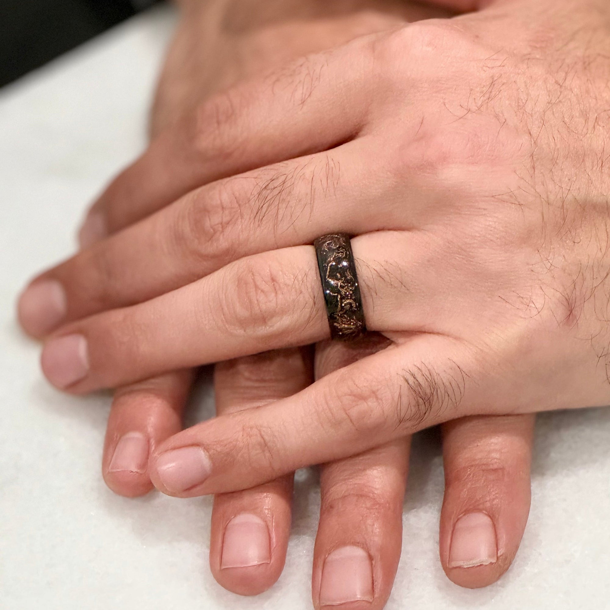 Black Tungsten Ring with Meteorite and Copper Flakes 