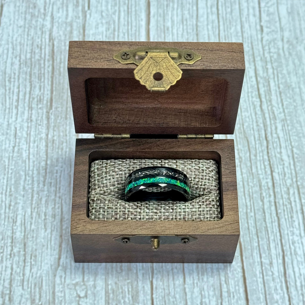 “CELESTIAL” Tungsten Carbide Black Ring 8mm w/ Meteorite and Crushed Green Opal