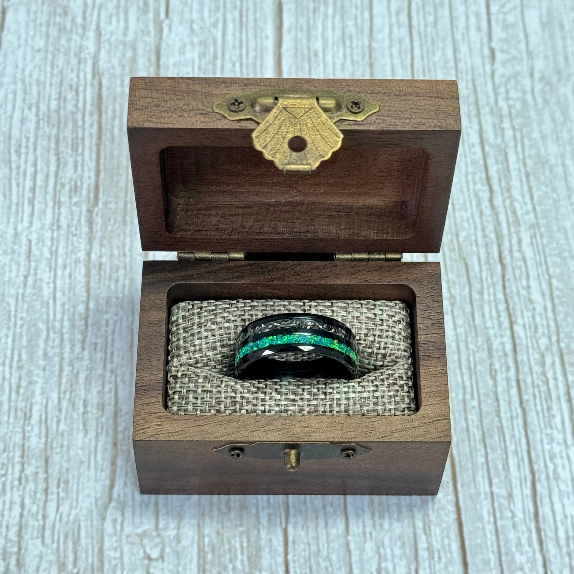 “CELESTIAL” Tungsten Carbide Black Ring 8mm w/ Meteorite and Crushed Green Opal