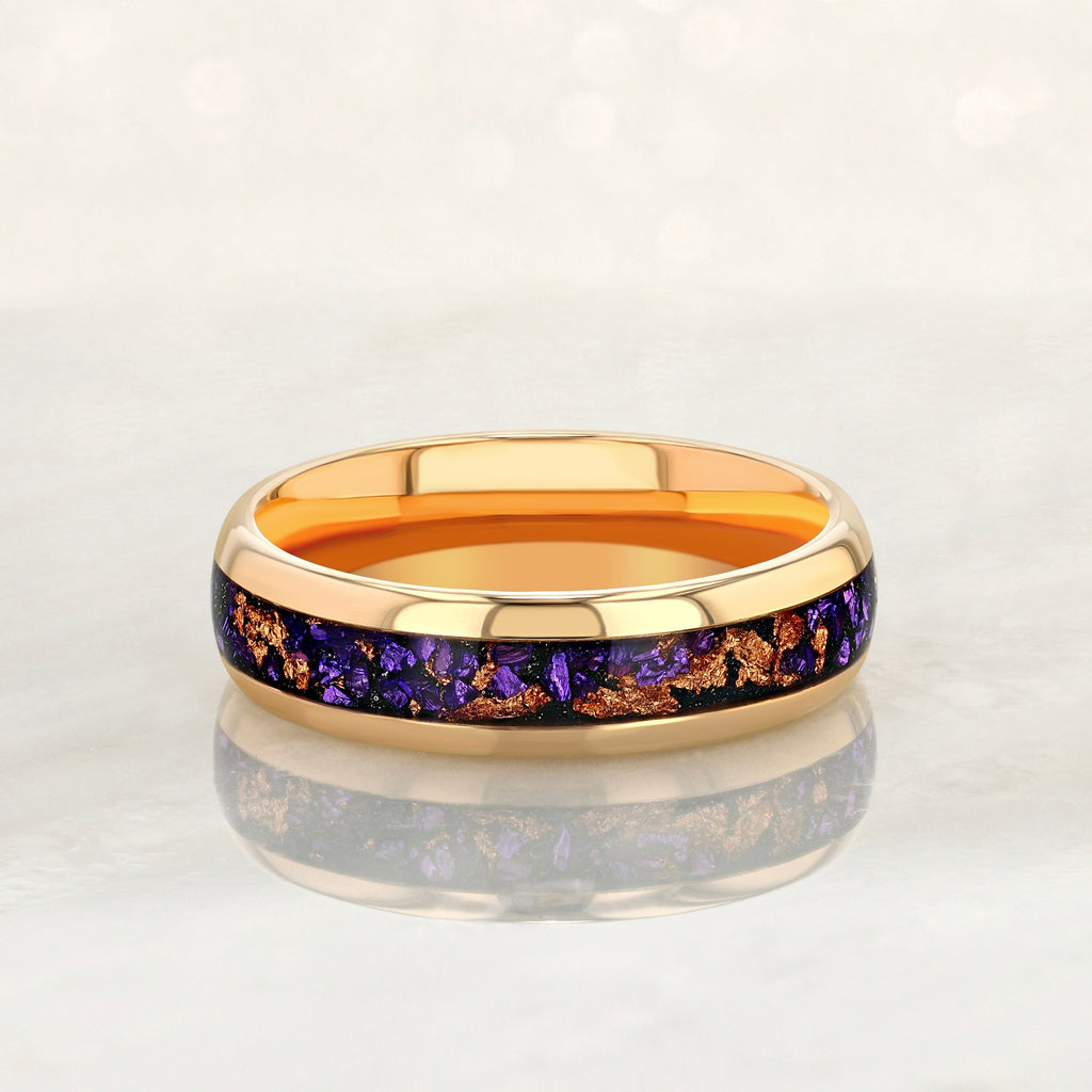 “MAJESTY” Tungsten Carbide Rose Gold Ring 6mm w/ Amethyst and Rose Gold Leaf