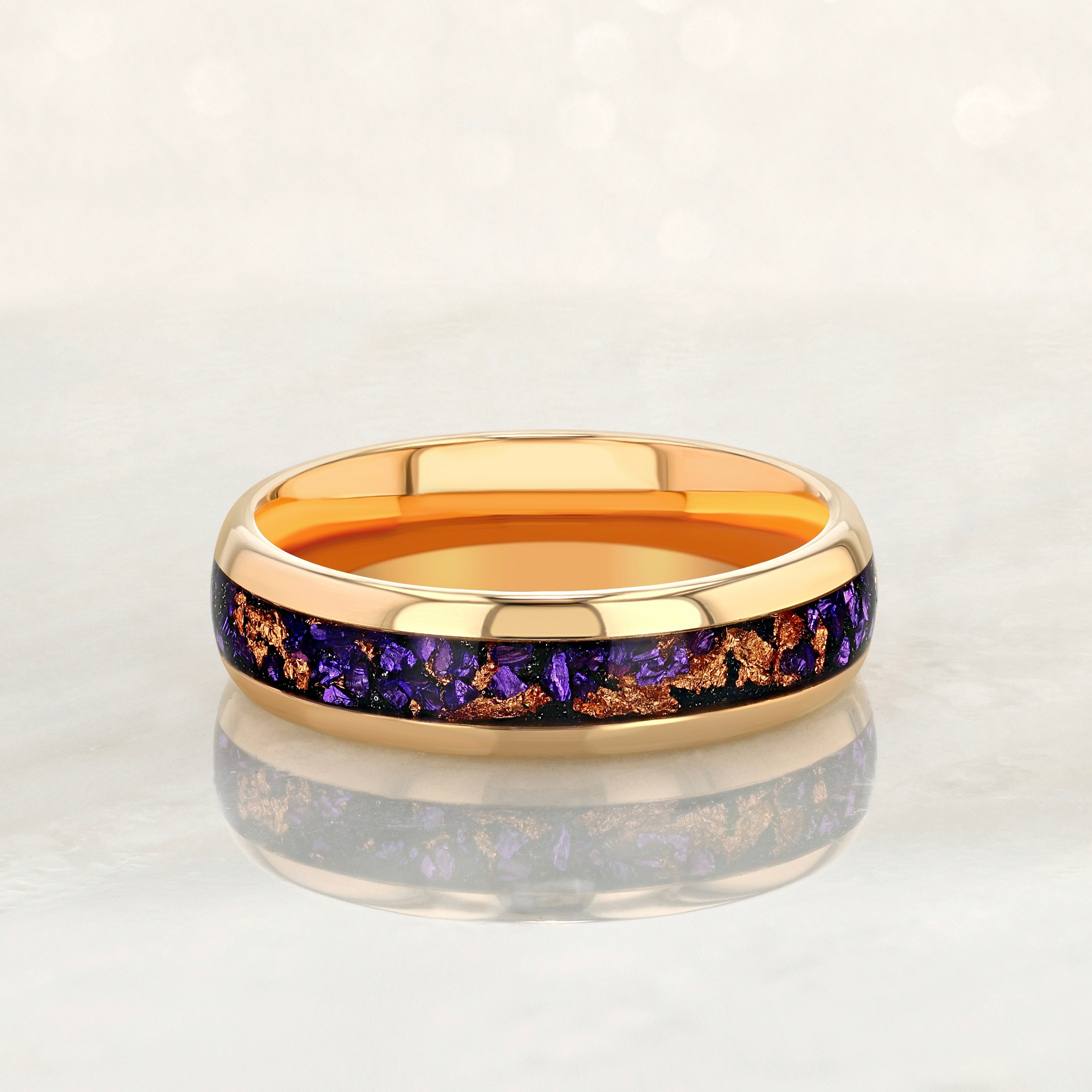 “MAJESTY” Tungsten Carbide Rose Gold Ring 6mm w/ Amethyst and Rose Gold Leaf