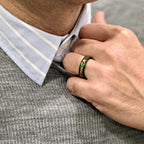 “Binary" Tungsten Carbide Black Ring 8mm, 6mm w/ Green Opal, Gold Accents and Gold Leaf