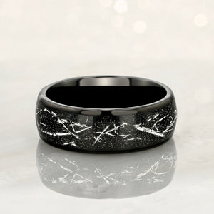 STARDUST" Black Tungsten Ring with Meteorite Dust & Silver Specs