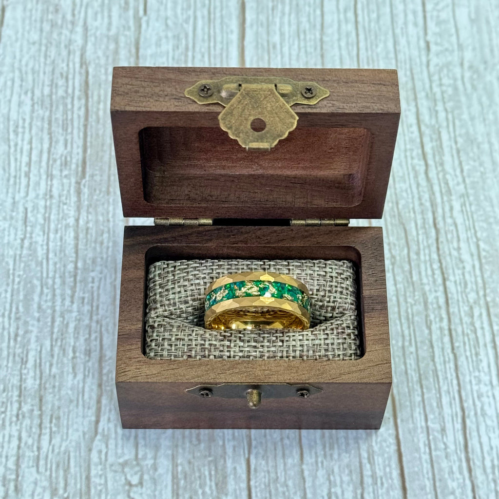 “RADIANT” Tungsten Carbide Gold Ring 8mm w/ Green Opal and Gold Leaf