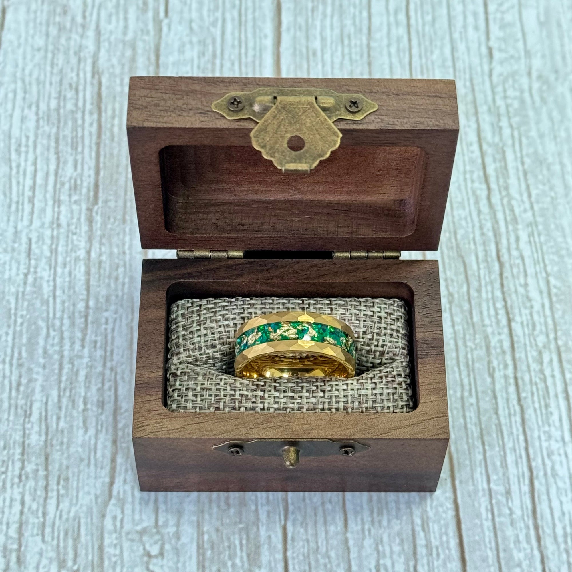 “RADIANT” Tungsten Carbide Gold Ring 8mm w/ Green Opal and Gold Leaf