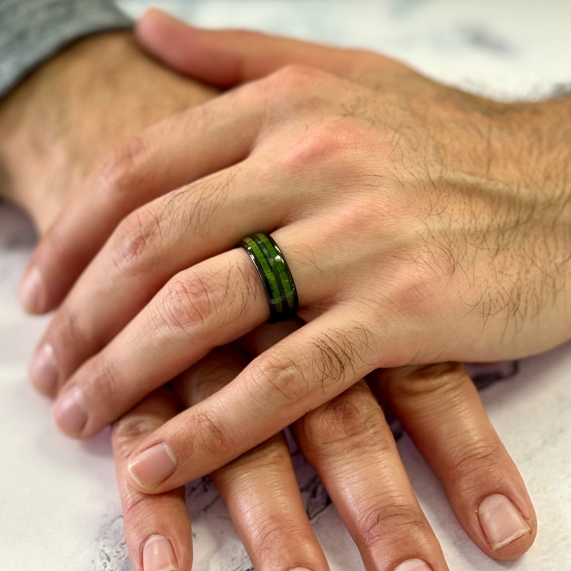"TIMBER" Tungsten Carbide Black Ring 8mm w/ Green Dyed Koa Wood