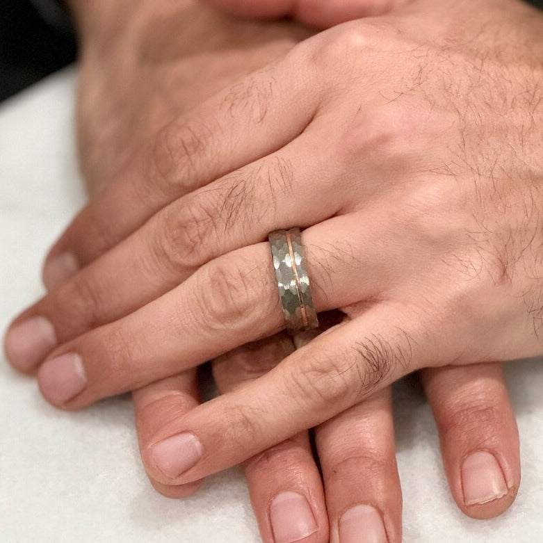 “ECLIPSE” Tungsten Carbide Brushed Silver Ring 8mm w/ Asymmetrical Rose Gold Line