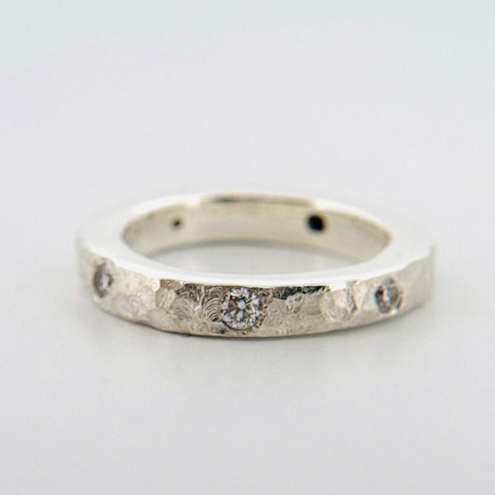 Hammered silver and lab diamond ring