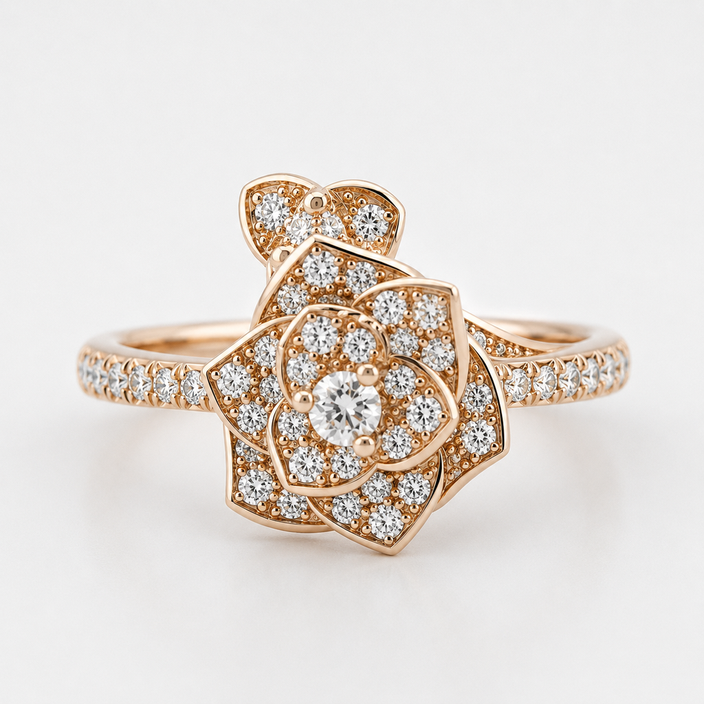 14K Yellow Gold Flower Ring, Lab Diamonds 0.38 Carat