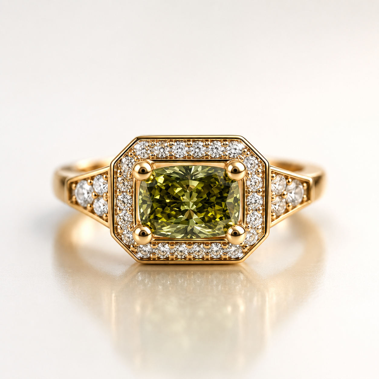 14K Yellow Gold, Green Diamond with White Diamond accents