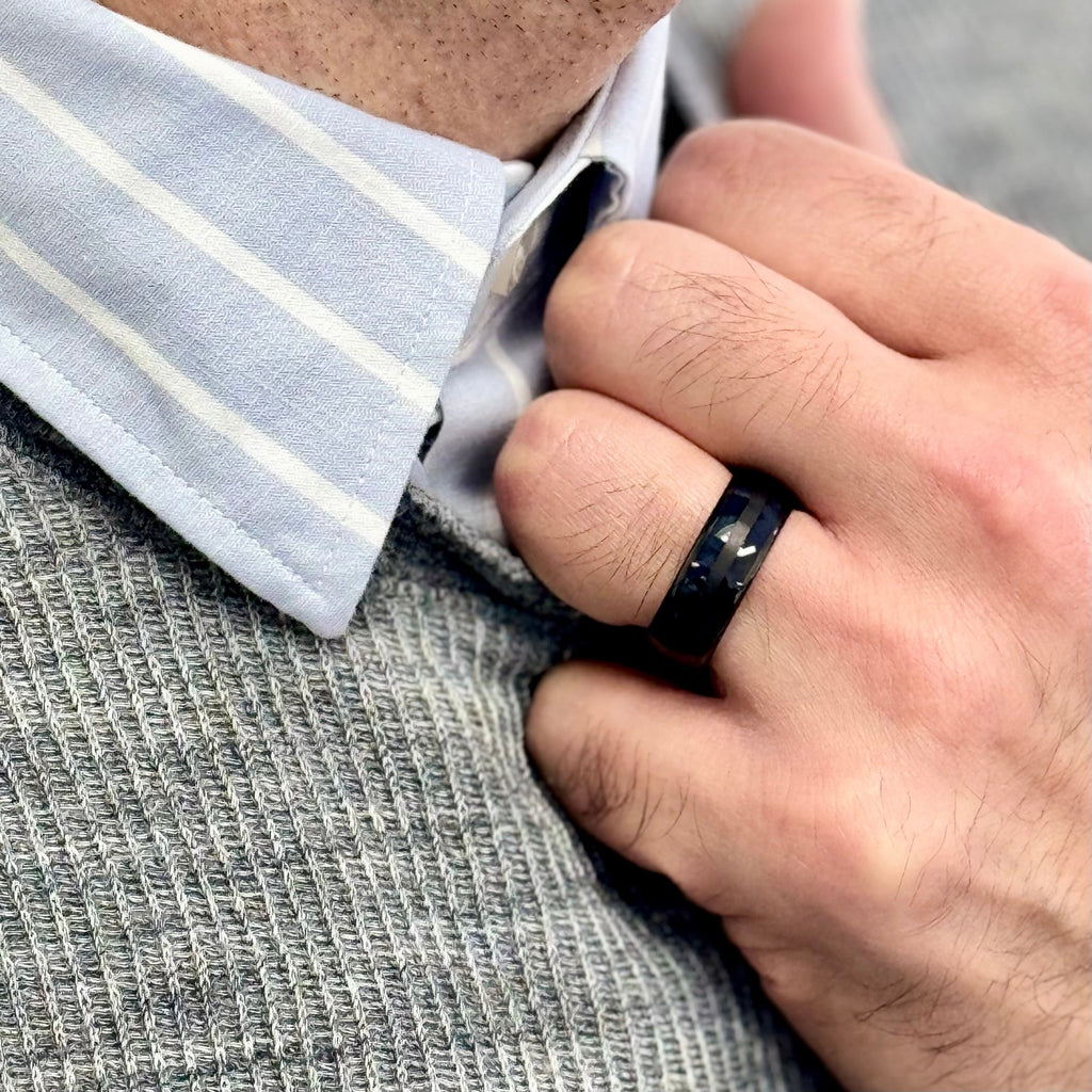 "TIMBER" Tungsten Carbide Black Ring 8mm w/ Blue Dyed Koa Wood