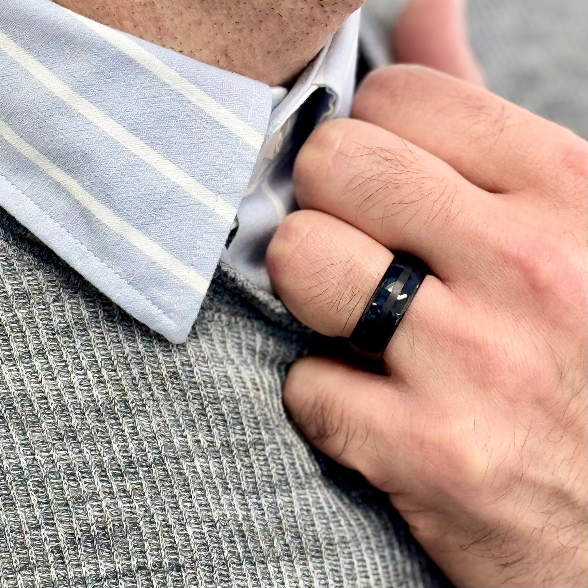 "TIMBER" Tungsten Carbide Black Ring 8mm w/ Blue Dyed Koa Wood