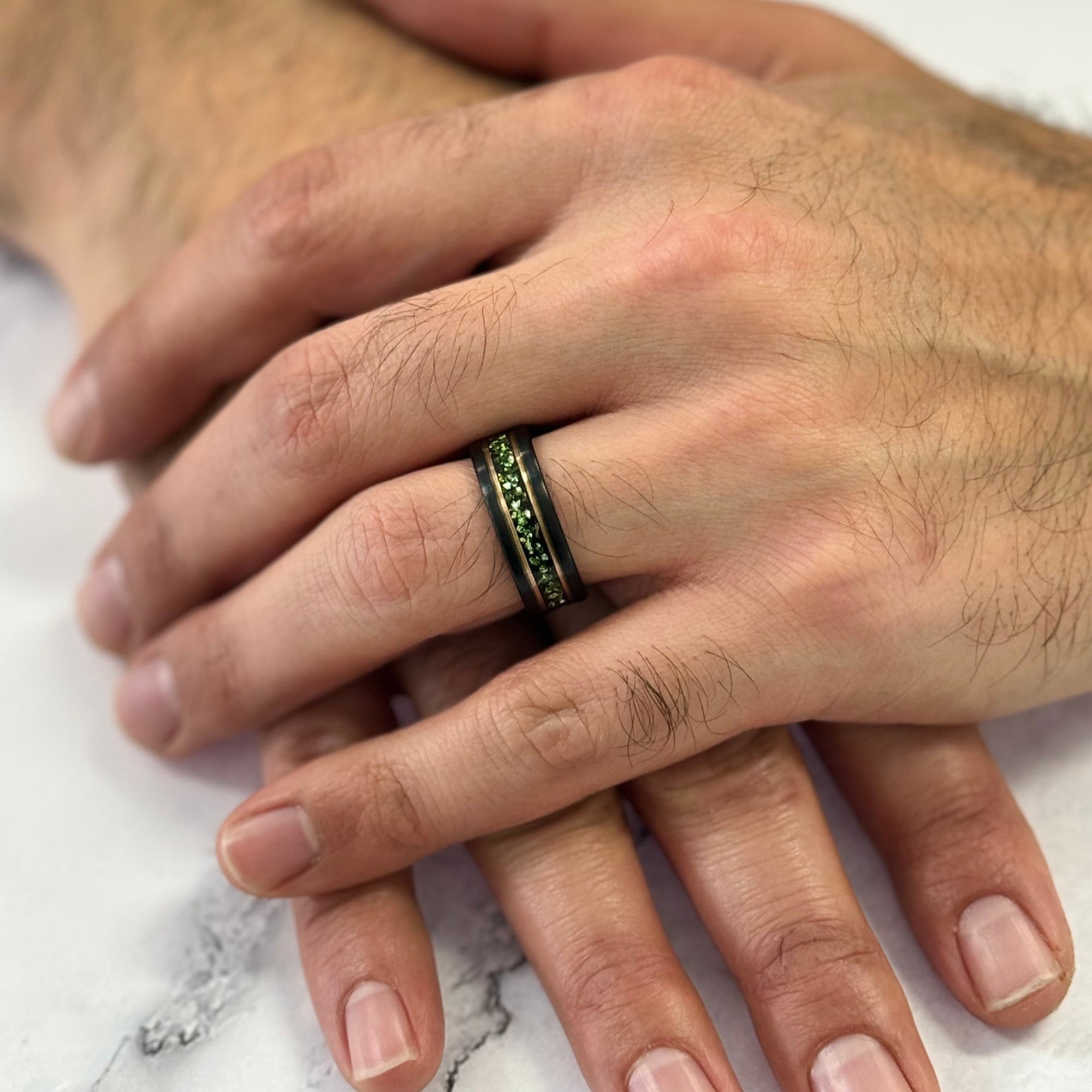 “Binary"  Tungsten Carbide Black Ring 8mm w/ Meteorite, Emeralds and Rose Gold Accents
