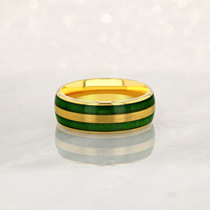 "TIMBER"  Tungsten Carbide Yellow Gold Ring 8mm w/ Green Dyed Koa Wood