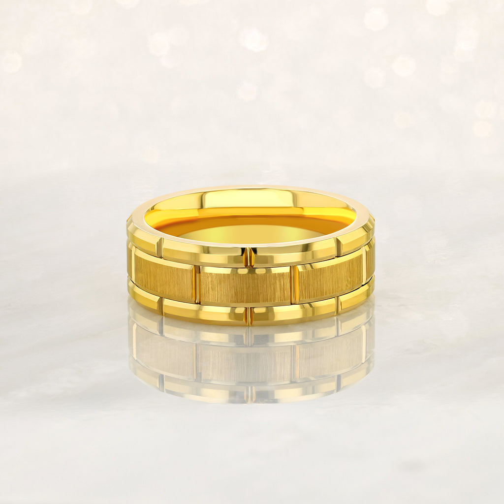 “BISHOP”  Tungsten Carbide Yellow Gold Ring 8mm w/ Checkered Pattern