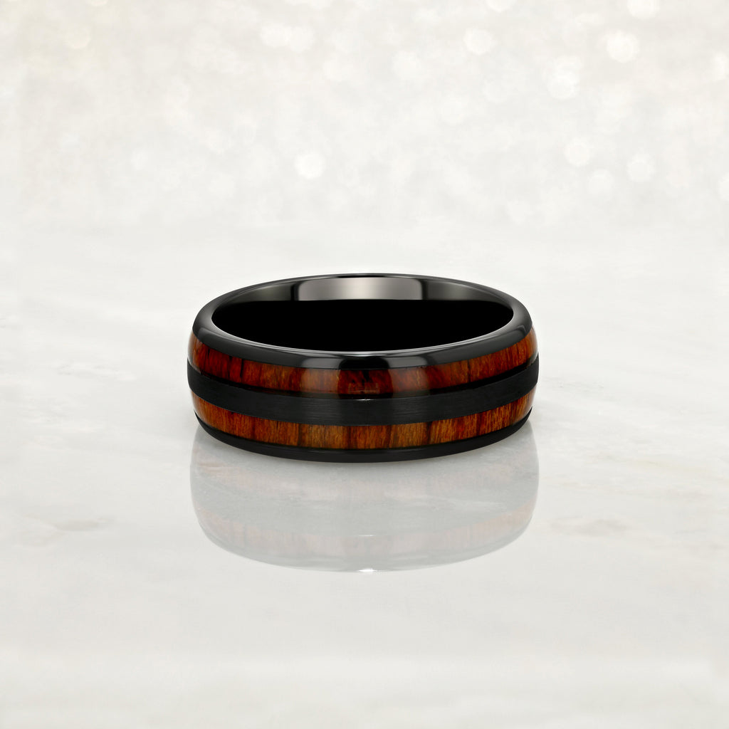 "TIMBER" Tungsten Carbide Black Ring 8mm w/ Red Dyed Koa Wood