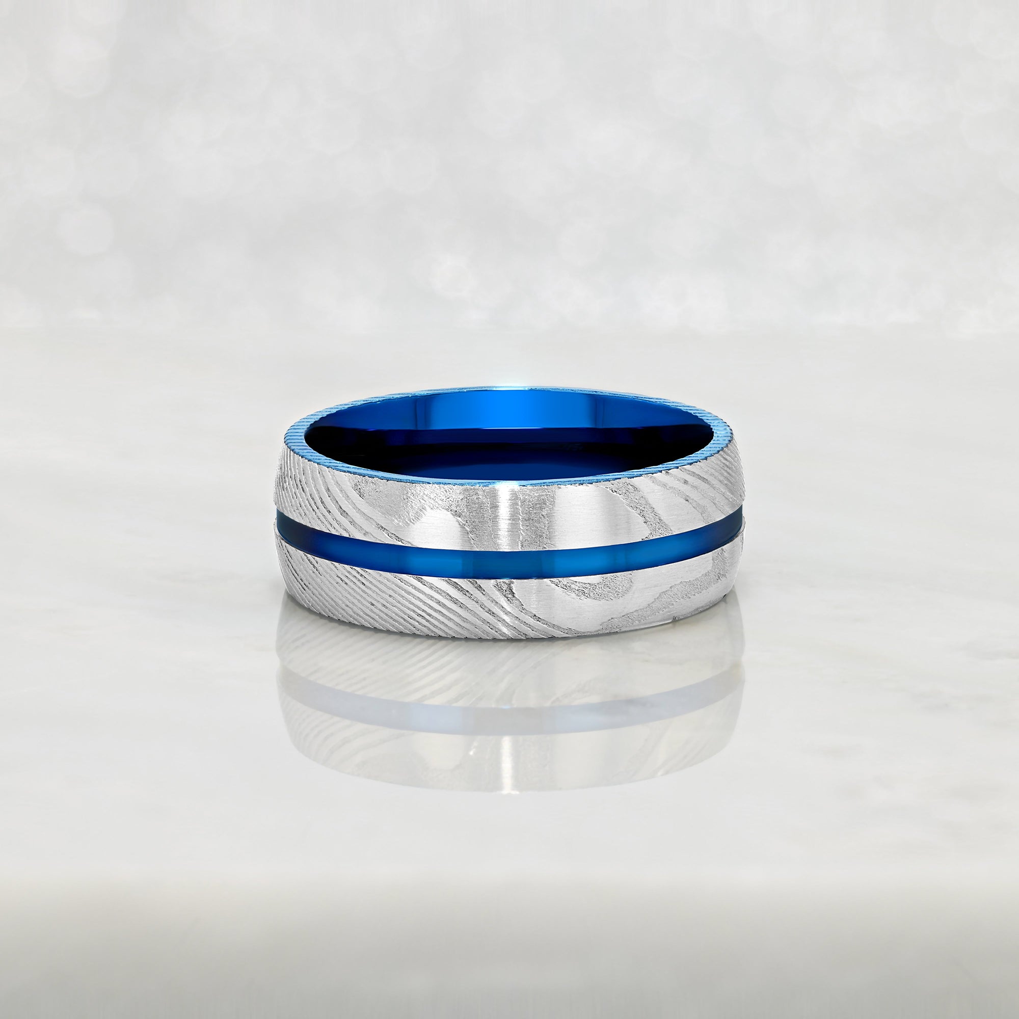 "ARTISAN" Silver Damascus Steel with a Blue Line, Forged Metal, Geometric Design - Pristine Pieces By Amy