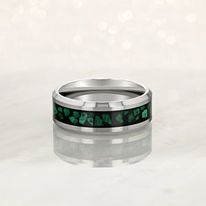 "AURORA" Tungsten Carbide Silver Ring 8mm w/ Malachite - Pristine Pieces By Amy