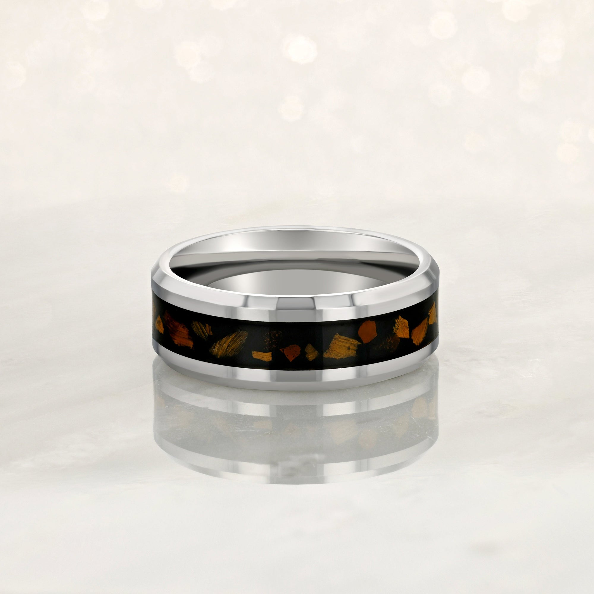 "AURORA" Tungsten Carbide Silver Ring 8mm w/ Tiger's Eye - Pristine Pieces By Amy