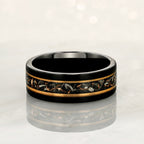 "BINARY" Tungsten Carbide Black Ring 8mm w/ Meteorite, Rose Gold Accents and Copper Leaf - Pristine Pieces By Amy