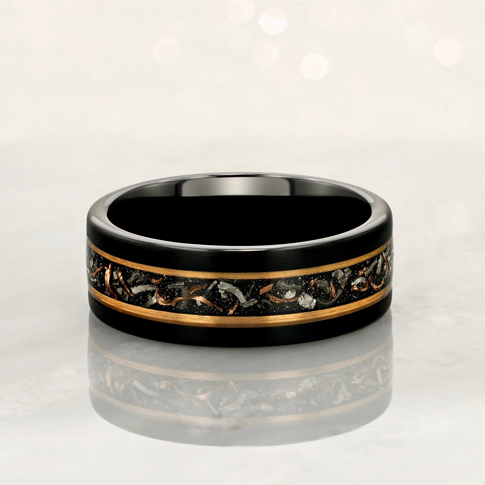 "BINARY" Tungsten Carbide Black Ring 8mm w/ Meteorite, Rose Gold Accents and Copper Leaf - Pristine Pieces By Amy