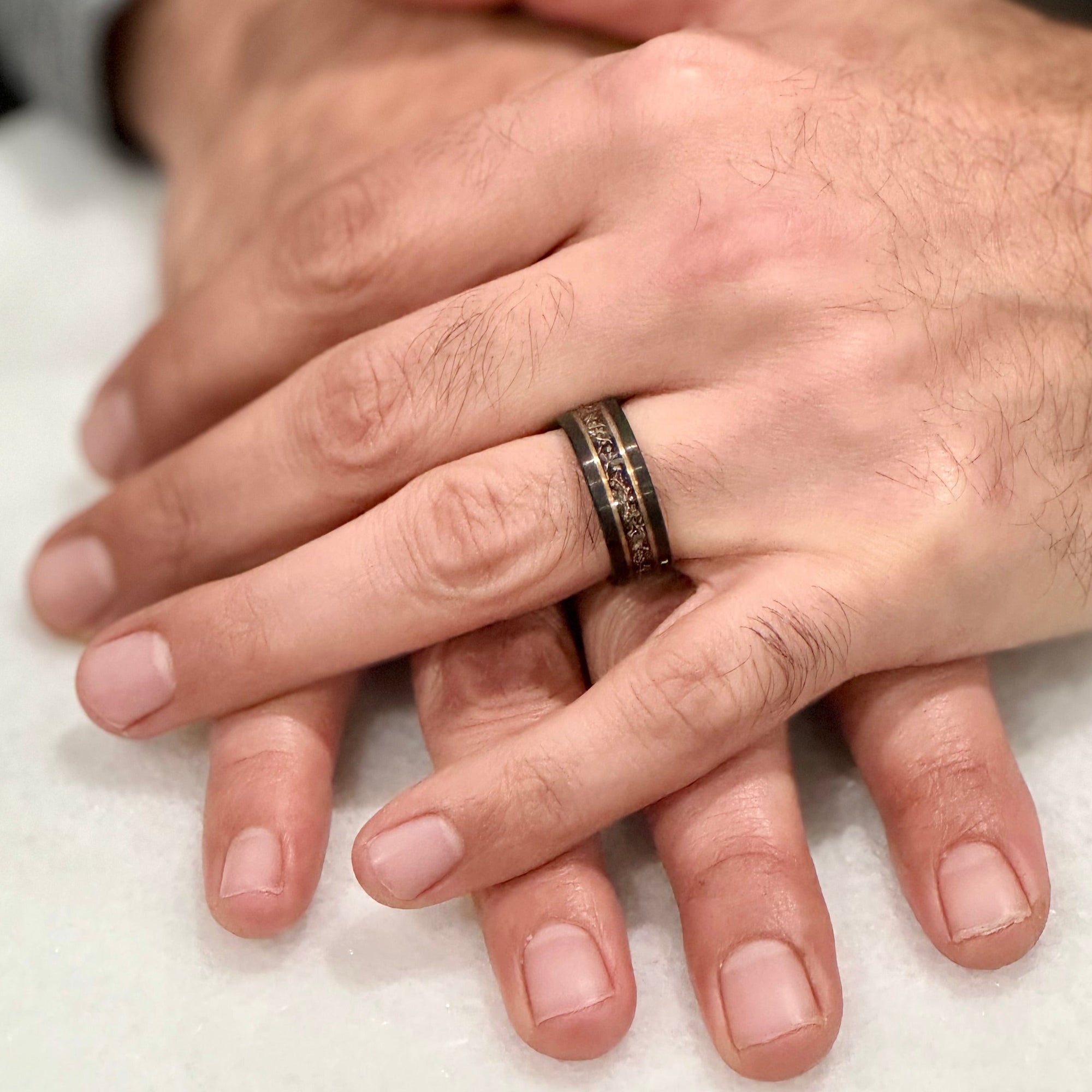 "BINARY" Tungsten Carbide Black Ring 8mm w/ Meteorite, Rose Gold Accents and Copper Leaf - Pristine Pieces By Amy