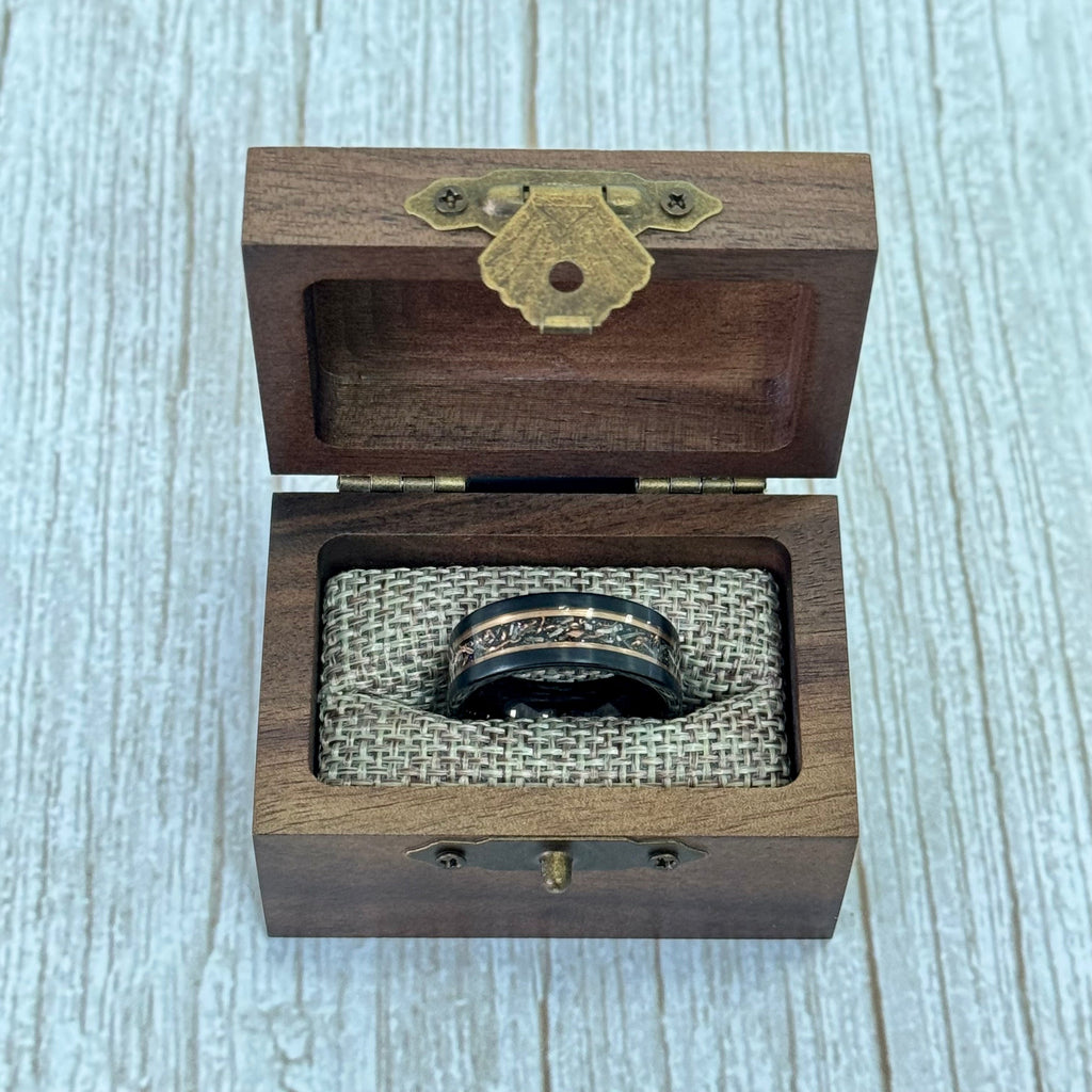 "BINARY" Tungsten Carbide Black Ring 8mm w/ Meteorite, Rose Gold Accents and Copper Leaf - Pristine Pieces By Amy