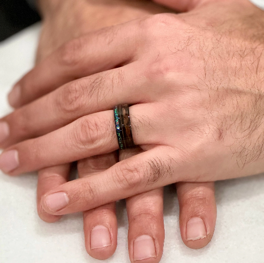 "SYNTHESIS" Tungsten Carbide Black Ring 8mm w/ Whiskey Barrel, Opal and Guitar String