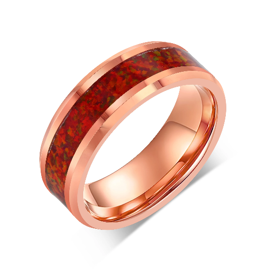 “IRIDESCENCE” Tungsten Carbide Rose Gold Ring 8mm w/ Red Opal